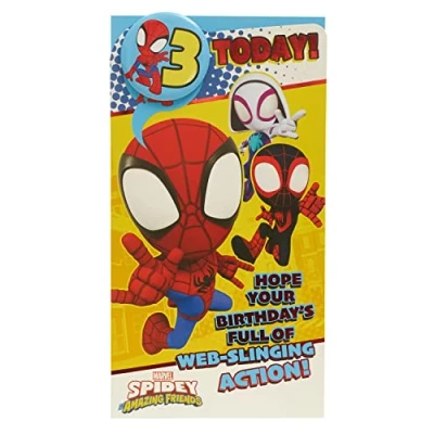 Abbildung von UK Greetings Marvel Geburtstagskarte zum 3. Geburtstag für Ihn/Jungen, mit Umschlag Abzeichen Design Spider Man, mehrfarbig, 121 mm x 229