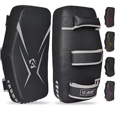 Abbildung von AQF Thai Pads für Kickboxen Muay Pad mit festem Griff, Maya Leder Gebogene Strike Schild Boxen MMA Kampfsport Taekwondo, Training Sport (Single, Silber)
