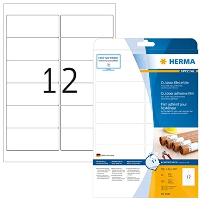 Abbildung von HERMA 9533 Wetterfeste Folienetiketten, 10 Blatt, 99,1 x 42,3 mm, 12 pro A4 Bogen, 120 Stück, selbstklebend, bedruckbar, matt, blanko Outdoor Klebeetiketten Aufkleber aus Polyethylen, weiß