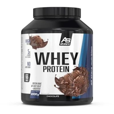 Abbildung von ALL STARS Whey Protein (2 kg, Chocolate) Cremiger Shake mit Isolat + Konzentrat hochwertiges Pulver ca. 22 g Eiweiß / Portion 2000