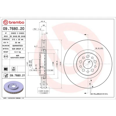 Abbildung von BREMBO COATED DISC LINE 09.7680.21 Bremsscheibe 310 32 5 innenbelüftet beschichtet hochgekohlt CITROËN: C8, LANCIA: Phedra, PEUGEOT: 807