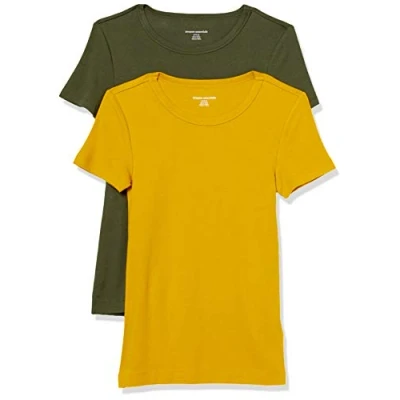Abbildung von Amazon Essentials Damen Kurzärmeliges T Shirt mit Rundhalsausschnitt, Schmale Passform, 2er Pack, Gold/Olivgrün, L
