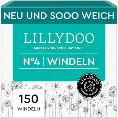 Abbildung von LILLYDOO hautfreundliche Baby Windeln Größe 4 (9 14 kg), Monatsbox (150 Stück), Sicherer Auslaufschutz, Weich, Ohne Parfüme &amp; Lotionen für empfindliche Haut, Dermatologisch getestet