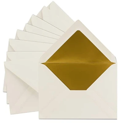 Abbildung von 50x DIN C5 Kuverts 15,7 x 22,5 cm in natur weiß mit goldenem Seidenfutter Nassklebung Blanko Brief Umschläge Post ohne Fenster im Format Marke: FarbenFroh by GUSTAV NEUSER