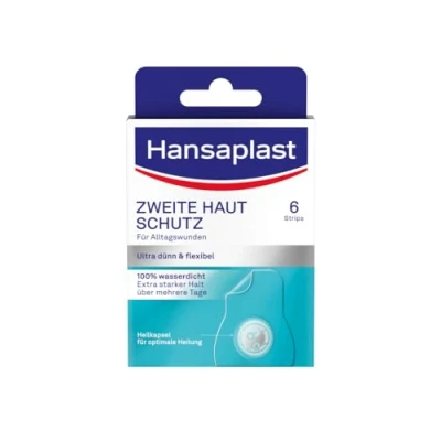 Abbildung von Hansaplast Pflaster Zweite Haut Schutz Regulär (6 Strips), dünnes und flexibles Hydrokolloid mit Heilkapsel Technologie, wasserdichtes Wundpflaster extra starkem Halt für mindestens 72h