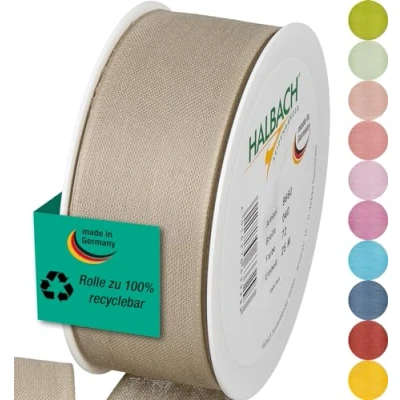 Abbildung von Halbach Seidenbänder Geschenkband Breite 40mm Länge 25m Schleifenband made in Germany Geschenkbänder Vielzahl von Farben und Breiten, perfekt zum Verpacken Dekorieren, Farbe: leinen