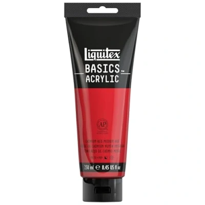Abbildung von Liquitex 88700216 Basics Acrylfarbe, monopigmentierte Künstlerpigmente, lichtecht, mittlere Viskosität, Archivqualität, seidenglänzender Finish, 250ml Tube Kadmiumrot Mittel Farbton