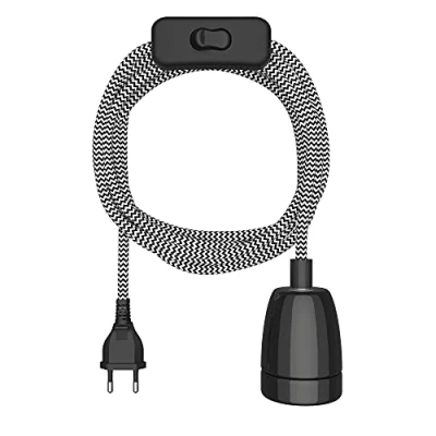 Abbildung von ledscom.de Textilkabel LEHA II, Stecker, Schalter, schwarz, weiß, gezackt, 3 m, Porzellan Fassung, 1x E27 max. 300W, Led, Diy, Lampenfassung, E27, Textilkabel, Haengelampe, Netzstecker