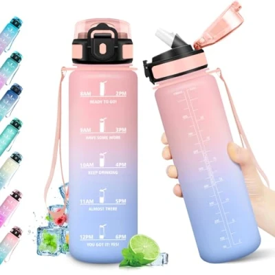 Abbildung von Sportflasche 1L, Trinkflasche Kohlensäure Geeignet, Auslaufsicher, BPA frei, mit Zeitmarkierung &amp; Strohhalm, Motivierende Wasserflasche für Fitness, Schule, Fahrrad, Yoga, Camping,