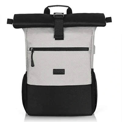 Abbildung von RJEU Rolltop Rucksack Herren Damen,Schulrucksack Teenager,Daypack mit 12 17 Zoll Laptopfach für Studium,Arbeit,Reisen,Universität (Grau 26L)