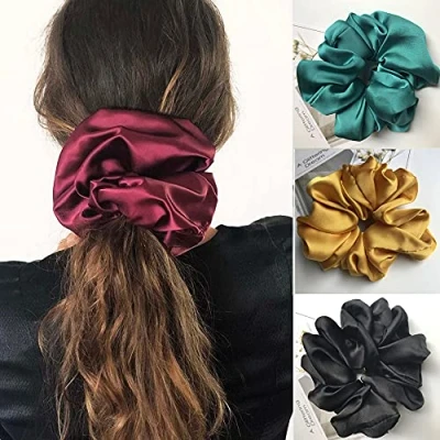 Abbildung von Groß Haargummis Satin Haar Scrunchies Elastische Haarbänder Gummibänder Weiche Bunt Pferdeschwanz Halter Band Stirnbänder für Frauen Damen Mädchen Haarschmuck, 4 Stück