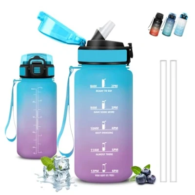 Abbildung von Trinkflasche Kinder, 500ml, mit Strohhalm, Leicht zu Reinigen, Auslaufsicher, Kann dir Tragen, Zeitmarkierung, Flasche für Schule, Camping