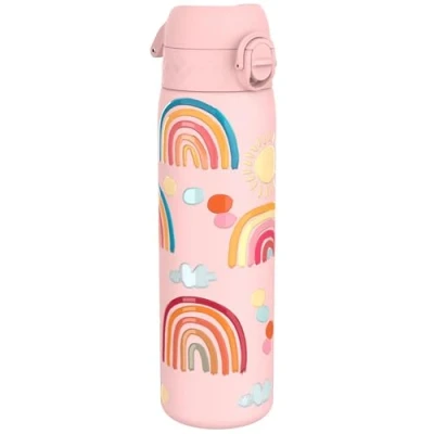 Abbildung von Ion8 Stahl Trinkflasche, 600 ml, Auslaufsicher, Einhandöffnung, Sichere Verriegelung, Spülmaschinenfest, Klappdeckel, Tragegriff, Leicht zu Reinigen, Langlebig, Regenbögen Design