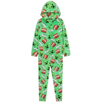Abbildung von Minecraft Jungen Fleece Jumpsuit mit Kapuze Gamer Geschenke für Kinder (Grün/Mehrfarbig, 7 8 Jahre)