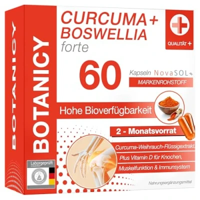 Abbildung von BOTANICY Curcuma + Boswellia forte 60 Kurkuma Weihrauch Kapseln mit Markenrohstoff NovaSOL Plus Vitamin D3 für Knochen &amp; Muskeln Hohe Bioverfügbarkeit, Hochdosiert