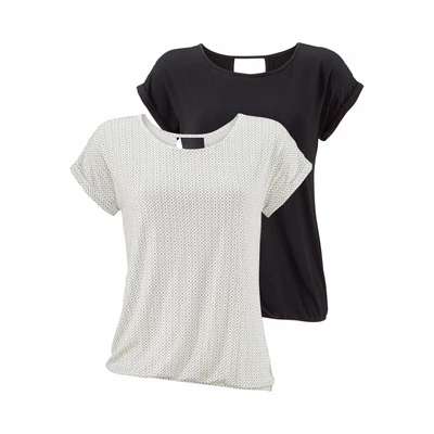 Abbildung von Lascana 2 pack Tshirt print offwhitegemustert+schwarzuni, Damen, Größe: 40/42, Offwhite gemustert+schwarz uni