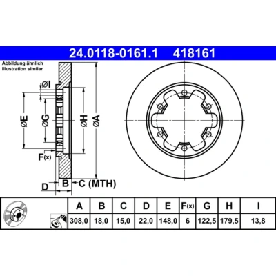Abbildung von ATE 24.0118 0161.1 Bremsscheibe 308,0 18,0 6 148,0 voll beschichtet FORD: Transit V363 Van, Minibus, Platform / Chassis