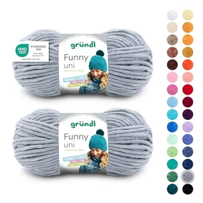 Abbildung von Gründl Wolle Funny uni, weiches Chneillegarn zum Stricken und Häkeln aus 100% Polyester, 2 Knäuel (100 g/ 120 m, Nadelstärke: 5 6), Hellgrau