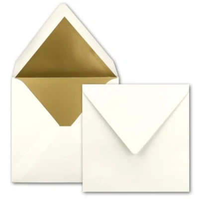 Abbildung von 100 quadratische Brief Umschläge 15,5 x cm, Naturweiß (Weiß) mit Gold Papier gefüttert Nassklebung FarbenFroh by GUSTAV NEUSER