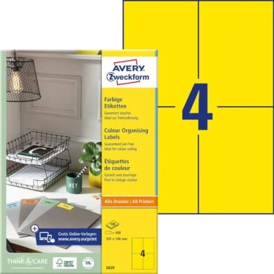 Abbildung von AVERY Zweckform 3459 Gelbe Etiketten (400 Aufkleber, 105x148mm auf A4, permanent haftend, selbstklebende Farbetiketten, Papier matt, bedruckbare, farbige Klebeetiketten) 100 Blatt