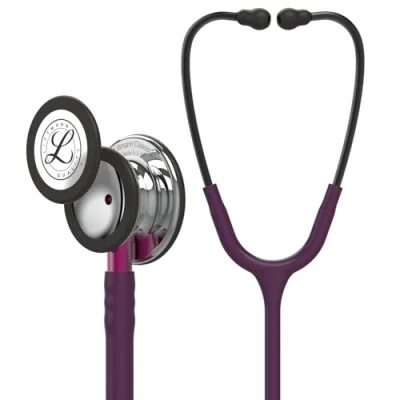 Abbildung von 3M Littmann Classic III Stethoskop zur Überwachung, hochglanzpoliertes Bruststück, pflaumenfarbener Schlauch, pinkfarbener Schlauchanschluss und rauchfarbene Ohrbügel, 69 cm, 5960