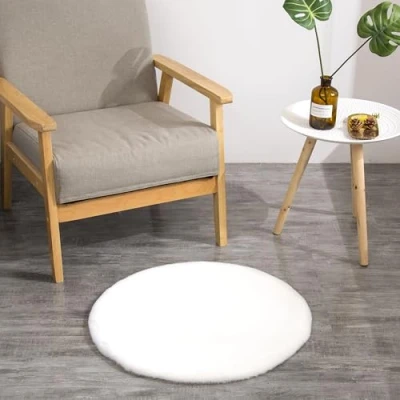 Abbildung von Teppich Wölkchen Fell Rund, Fellteppich Kunstfell Waschbar, Hasenfell, Kaninchenfell Sitzkissen Stuhlkissen Rund,Fell für Stühle, Stuhlauflage Weiss Rund 45cm