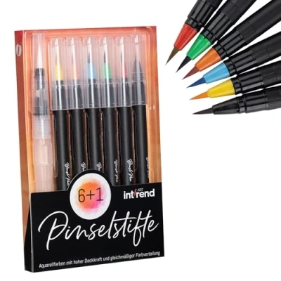 Abbildung von int!rend Pinselstifte 7er Set I 6 Aquarellfarben, 1 Wassertankpinsel Optimales Einstiegsset Brush Pen, Stifte mit flexibler Pinselspitze, Bullet Journal, Kalligraphie, Hand Lettering