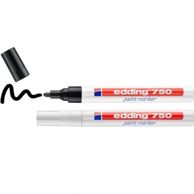 Abbildung von edding 750 Lackmarker schwarz, weiß 2 Stifte Rundspitze 4 mm Lackstift zur Markierung und Beschriftung von Metall, Glas, Stein oder Kunststoff hitzebeständig, permanent, wischfest