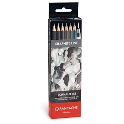 Abbildung von Caran d&#039;Ache Graphitstifte Set mit Wasserpinsel Wasservermalbar Ideal für Vorbereitungsarbeiten, 6 Stück (1er Pack)
