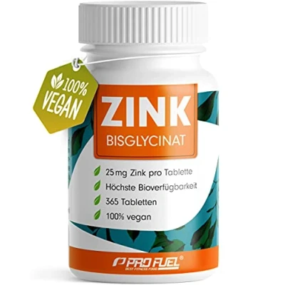 Abbildung von Zink 25mg 365 Tabletten (vegan) mit Bisglycinat (Zink Chelat) für höchste Bioverfügbarkeit laborgeprüft, hochdosiert, ohne unerwünschten Zusatzstoffe 1 Jahresvorrat ProFuel