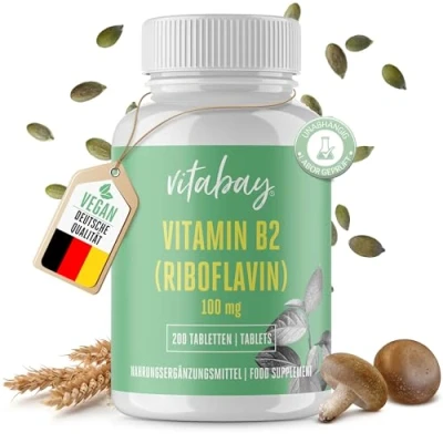 Abbildung von Vitabay Vitamin B2 (Riboflavin) 200 vegane Tabletten Hochdosiert mit 100 mg Laborgeprüft &amp; hergestellt aus hochwertigen Rohstoffen