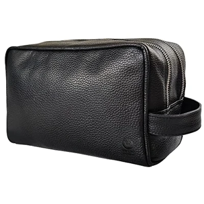 Abbildung von Rustic Town kulturtasche kulturbeutel Leder Leather Toiletry Bag wash Kosmetiktasche Waschtasche Reise Tasche für Herren und Damen (Schwarz)