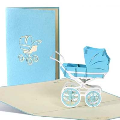 Abbildung von Pop Up Karte mit blauem Kinderwagen aus Papier, Glueckwunschkarte zur Geburt, Baby Shower Boy G13.2