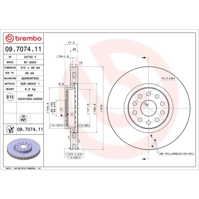Abbildung von BREMBO COATED DISC LINE 09.7074.11 Bremsscheibe 310 28 5 innenbelüftet beschichtet ALFA ROMEO: 166