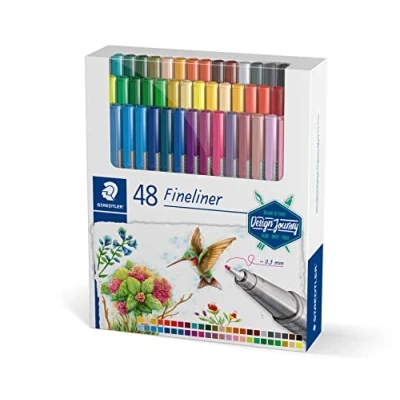 Abbildung von STAEDTLER Fineliner triplus Design Journey, ergonomischer Dreikantschaft, superfeine, metallgefasste 0,3 mm Spitze, lange Lebensdauer, 48 in sortierten Farben im Kartonetui, 334 C48 C