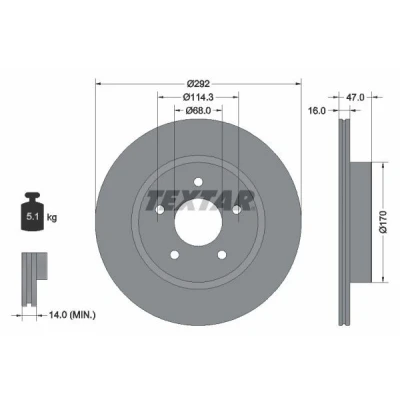 Abbildung von TEXTAR PRO 92278103 Bremsscheibe 292 16 05/05 114,3 innenbelüftet beschichtet ohne Radbefestigungsbolzen, Radnabe NISSAN: X Trail, Leaf II