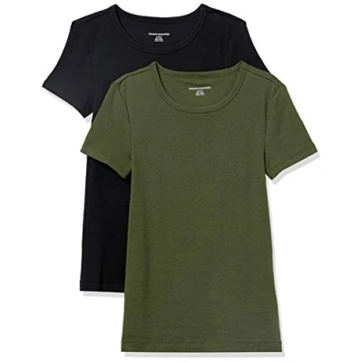 Abbildung von Amazon Essentials Damen Kurzärmeliges T Shirt mit Rundhalsausschnitt, Schmale Passform, 2er Pack, Dunkles Olivgrün/Schwarz, S