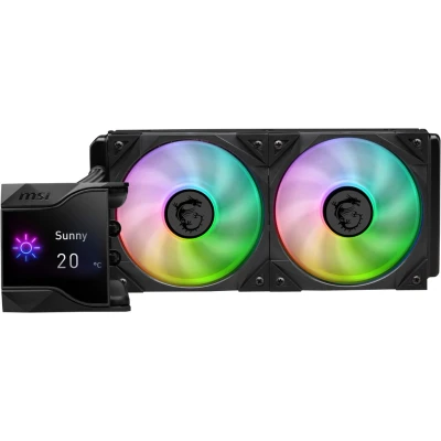 Abbildung von MSI MPG CORELIQUID D240 60 mm Flüssigkeitskühler CPU, 2 x 120 ARGB Lüfter, Verdunstungsschutzschläuche, GI Kühlung — kompatibel mit AMD und Intel Sockeln