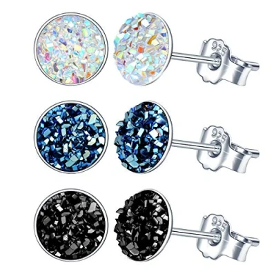 Abbildung von Yumilok 3 paar Damen Ohrstecker 925 Sterling Silber rund Kristall 8mm blau schwarz Weiß Schmuck Set Gestüt Piercing Ohrringe Ohrschmuck für Mädchen