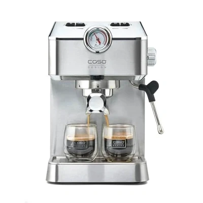 Abbildung von Caso Espresso Gourmet Siebträgermaschine aus Edelstahl, leistungsstarke 19 bar Ulka Pumpe, mit Milchaufschäumer, für Kaffeepulver oder ESE Kaffeepads, 2 Tassen, Tassewärmeplatte