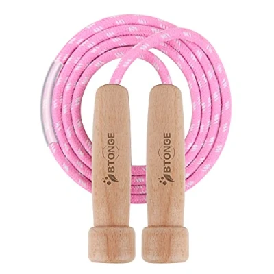 Abbildung von Springseil Erwachsener, BTONGE Traditionelles Verstellbares Baumwoll Seilspringen Kinder mit Natürlichem Holzgriff Speed Jump Rope für Fettverbrennung &amp; springen Übung Fitness 300CM / 9.6FT