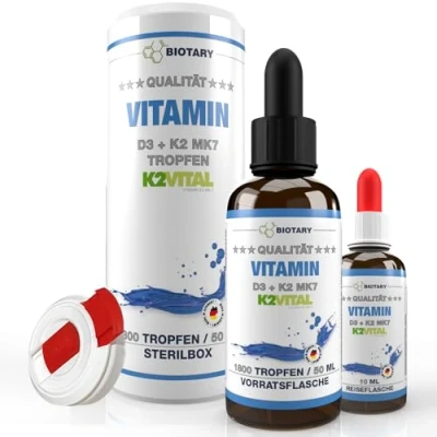 Abbildung von Vitamin D3 + K2 Tropfen 50ml (K2VITAL®) 99,7+% All Trans inclusive Sterilbox Reisefläschchen hochdosiert 1.000 I.E. = 25µg 20µg K2, Laborgeprüft