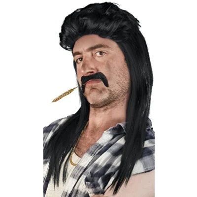 Abbildung von SET aus: Vokuhila Perücke + Bart Goldkette Rocker Prollperücke Vokuhilaperücke Proll Pimp Blond Brünette Grau Schwarz 80er 90er Jahre (Schwarz Goldkette)