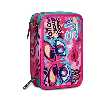Abbildung von SJ GANG Federmäppchen, Mäppchen, mehrfarbig, Federtasche für Schreibwaren, Etui mit Stiften, Kugelschreiber, &amp; mehr, Kinder, Mädchen Jungen, Grundschule, 3 Fächer; Gesichte leuchtpink