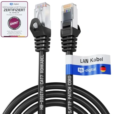 Abbildung von HB DIGITAL 5m LAN Kabel CAT 7 Rohkabel RJ45 S/FTP Netzwerkkabel Ethernet Patchkabel bis zu 10 Gbps 600 MHz Kupfer Profi PiMF für Patchpanel Switch Router Modem Schwarz