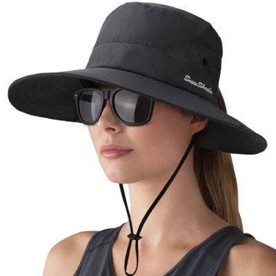 Abbildung von DRESHOW Damen Sonnenhut Outdoor UV Schutz Hut Faltbar Mesh Breite Krempe Angeln Pferdeschwanz Strand Eimer Hüte mit Sonnenbrille