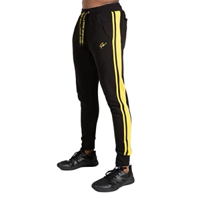 Abbildung von Gorilla Wear Banks Pants Schwarz/Gelb zum Sport Freizeit Arbeit Outdoor Alltag Baumwolle Polyester mit Logo Bequem Streifen auf den Beinen Workout Bekleidung Joggen Laufen, M