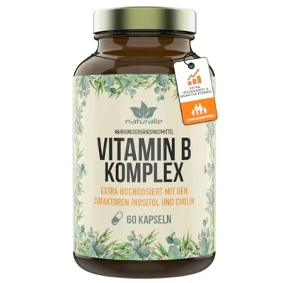 Abbildung von naturalie® Vitamin B Komplex Kapseln hochdosiert mit allen bioaktiven Vitaminen + Cofaktoren (Cholin, Inositol) schadstoffgeprüft ohne unnötige Zusatzstoffe 60 im Braunglas