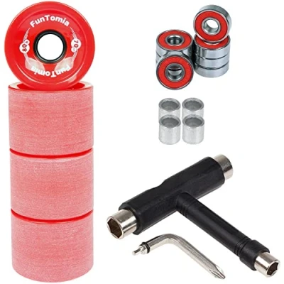 Abbildung von FunTomia 4 Stück Longboard/Skateboard Rollen (Big Wheels) in 70x51mm 80A oder 86A inkl. Mach1® Kugellager, Metall Spacer und T Tool (rot / Rollenhärte)