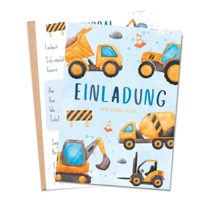 Abbildung von MeinBaby123® 10 Einladungskarten Kindergeburtstag Jungs süße Geburtstagseinladungen für Kinder Bagger inkl. Briefumschläge Premium Qualität (Bagger V4)